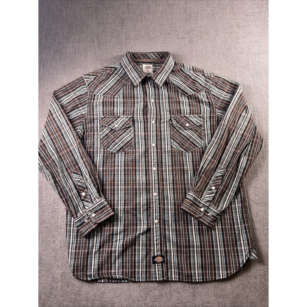 Dickies Western Shirt Mens Large Green White Plaid Long Sleeve Pearl Snap Button